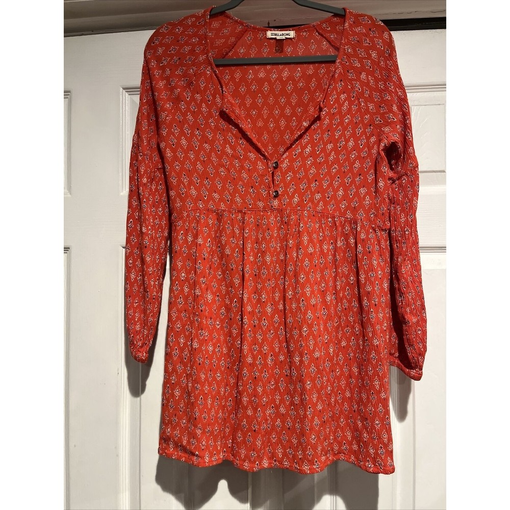 Billabong Until Tomorrow Long Sleeve Skater Dress Babydoll Boho Small Red Print